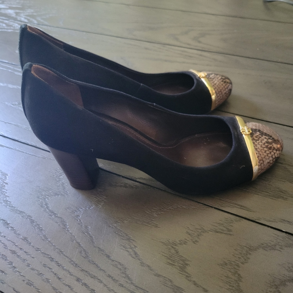 Tory Burch Black Suede Snake Cap Toe Pacey Pumps shoes - Picture 5 of 8